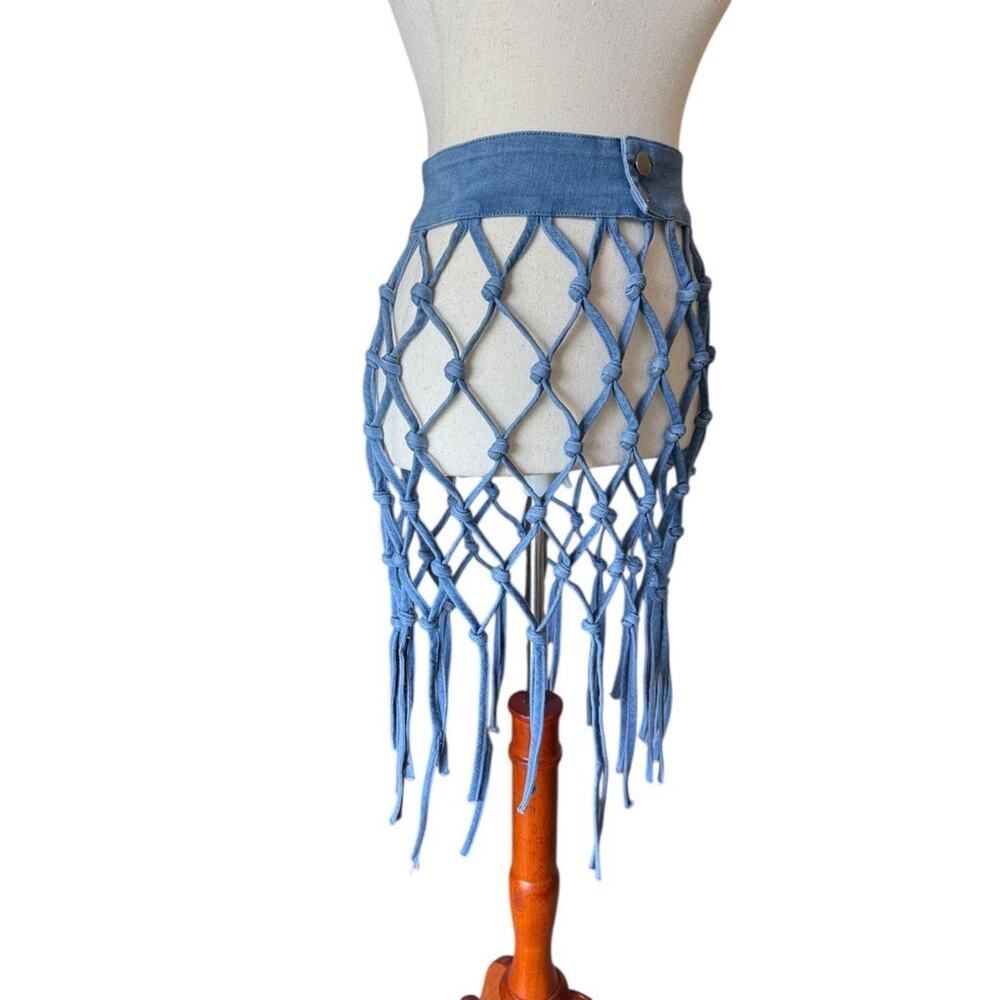 Denim Net Skirt Macrame Fringe Cover Up Party Club Wear Resort M Medium NWT - Picture 5 of 9